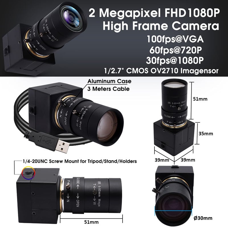 SVPRO 2MP USB Web Camera - 5-50mm 10X Optical Zoom Lens, CS Mount, 1080P HD CMOS, 100fps/60fps, UVC Mini Cam OTG, Drive Free PC Webcam - Image 4